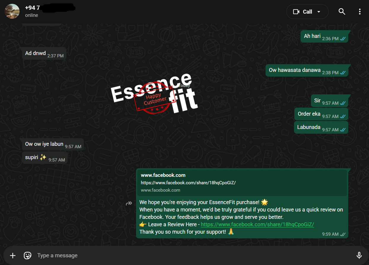 Customer feedback screenshot