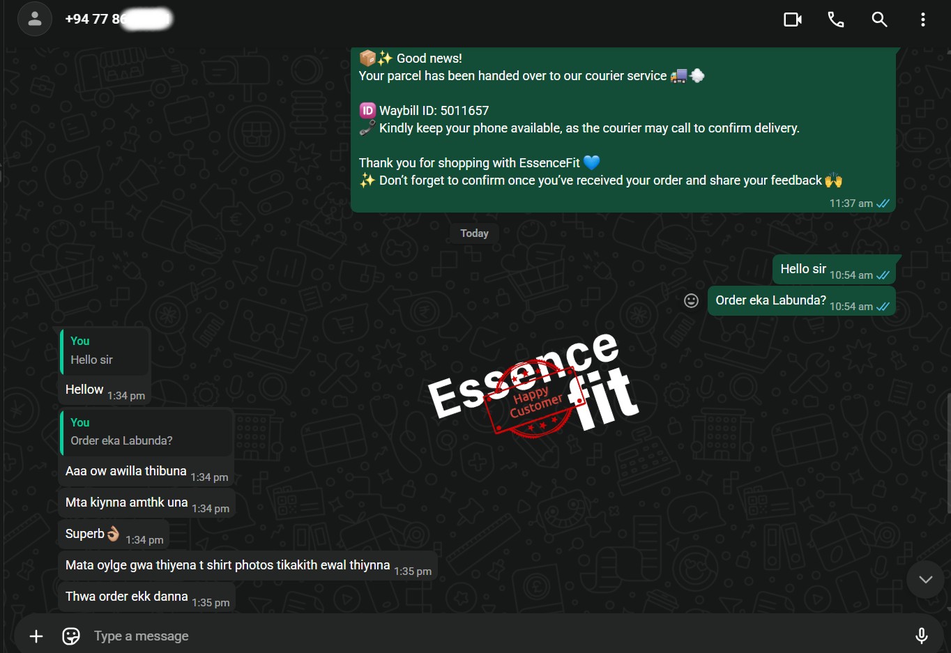 Customer feedback screenshot