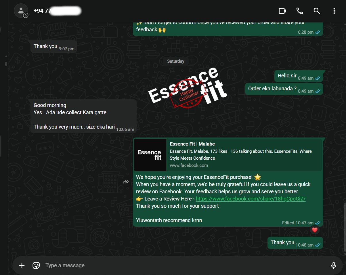 Customer feedback screenshot