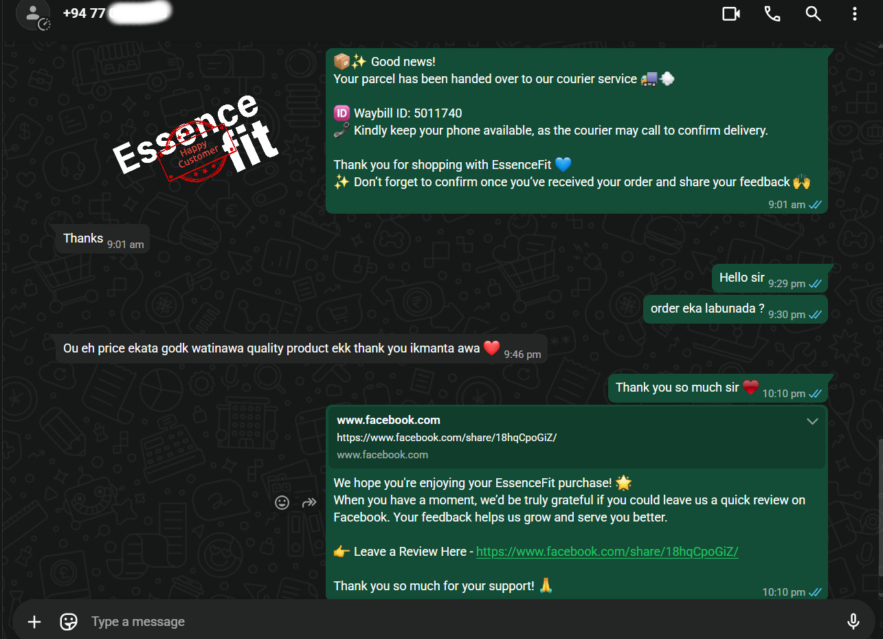 Customer feedback screenshot